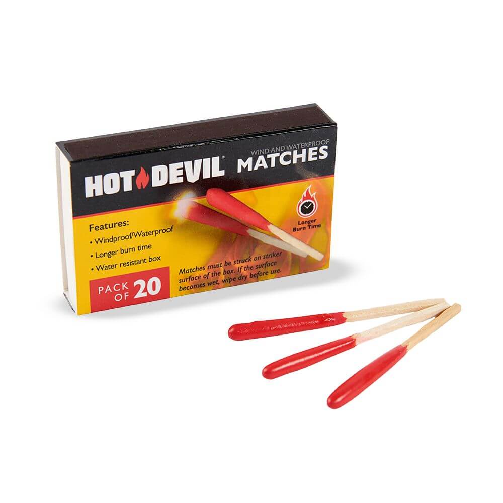 Windproof Waterproof Matches - 20 pack by Bathurst Firewood in a water-resistant box with red-tipped matches.