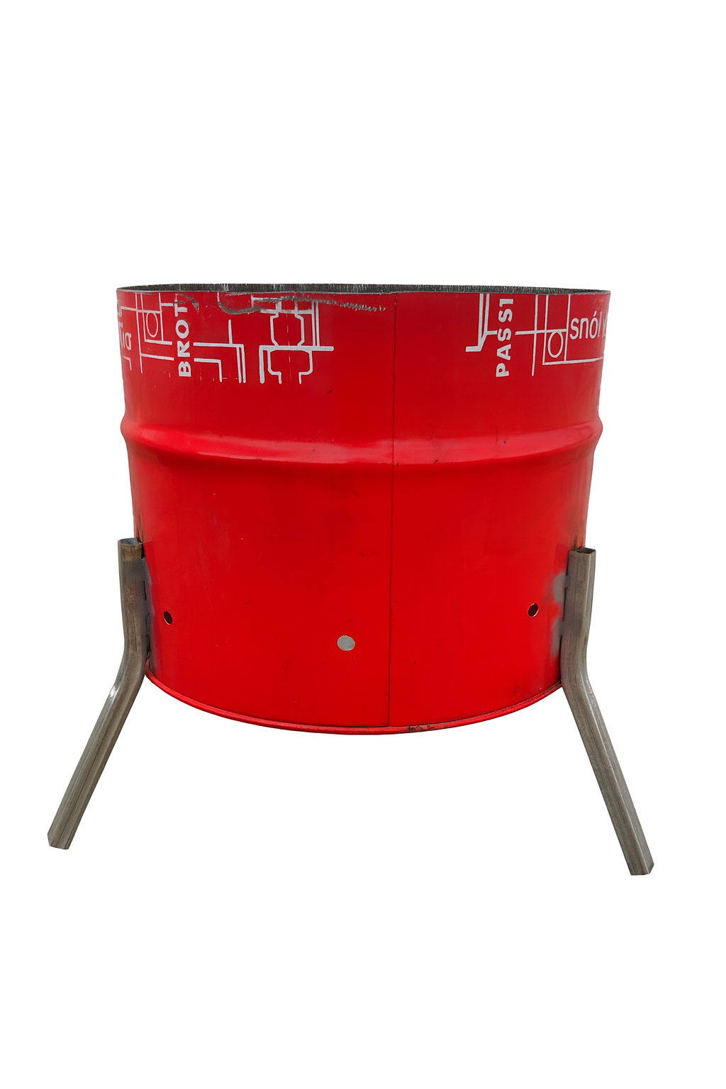 Outdoor Fire Drum Steel Backyard Fire Drum in red with metallic legs, perfect for outdoor gatherings.
