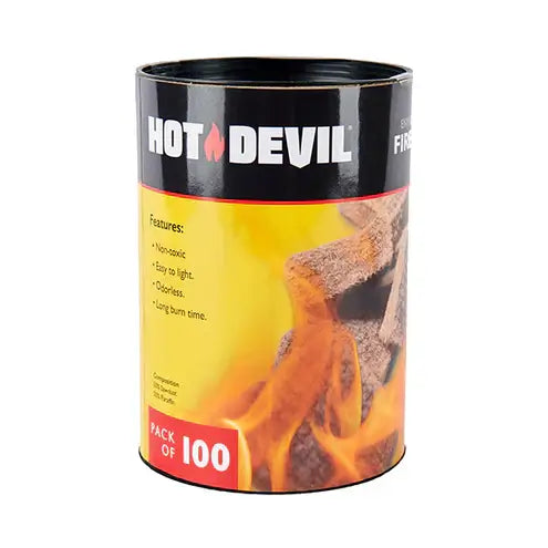 Hot Devil Firelighters - 100 Pack in a canister, featuring non-toxic, easy-to-light, odorless fire starters.