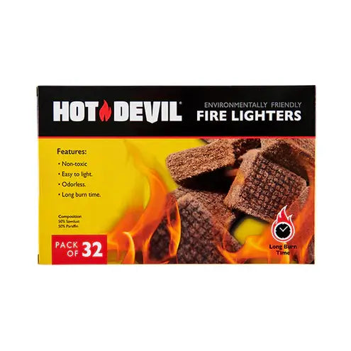 Hot Devil Firelighters - 32 Pack box featuring environmentally friendly fire lighters with non-toxic and odorless attributes.