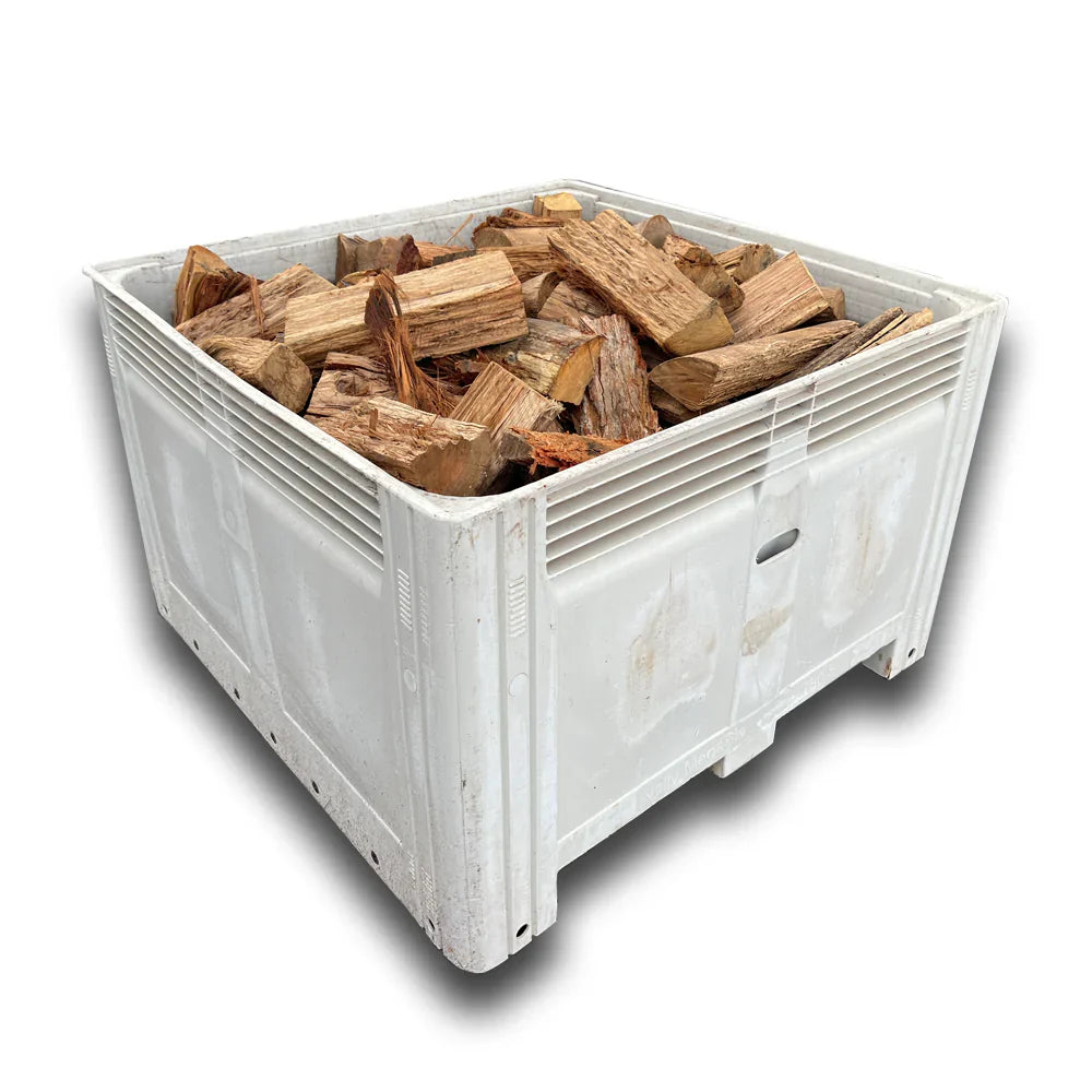 Mixed Hardwood Firewood 1m³ Bag with stacked logs in a large plastic container